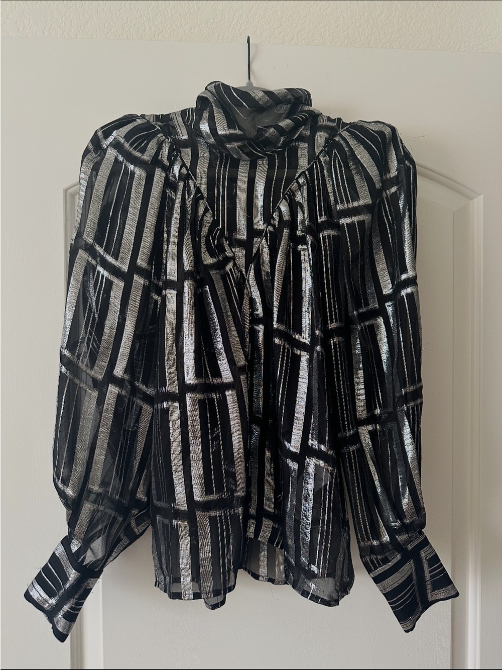 IRO Black Blouse with Silver Metallic Grid Pattern